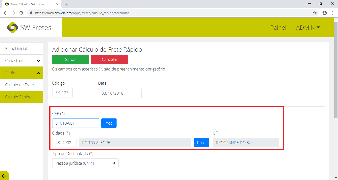 Consulta do CEP na página de Adicionar Cálculo Rápido do SW Fretes